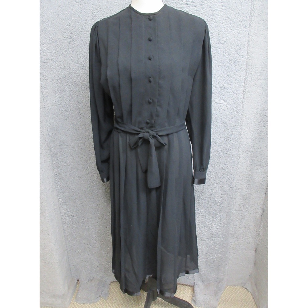 Vintage Ms Chause Pleated Dress Womens 6 Black Dark Academia Officecore Midi